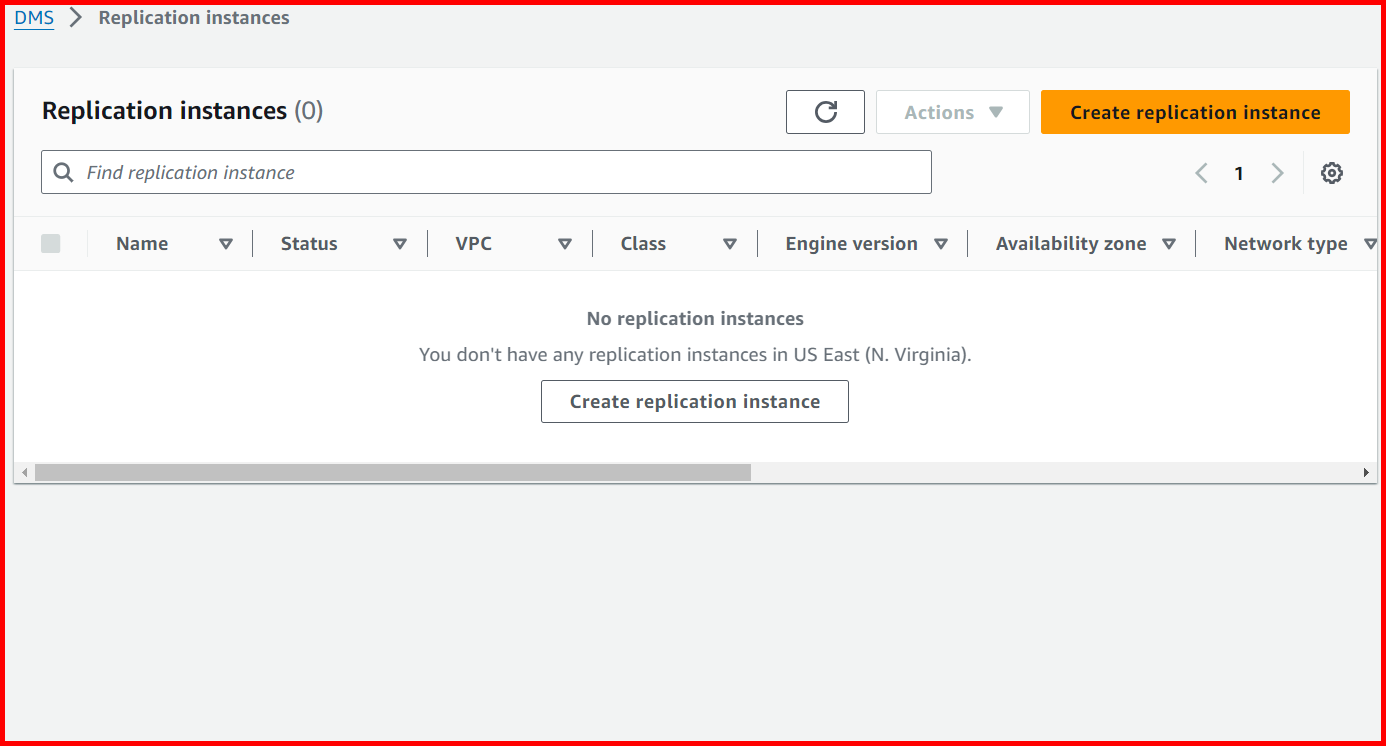 Picture showing the Create replication instance button for creating the new instance